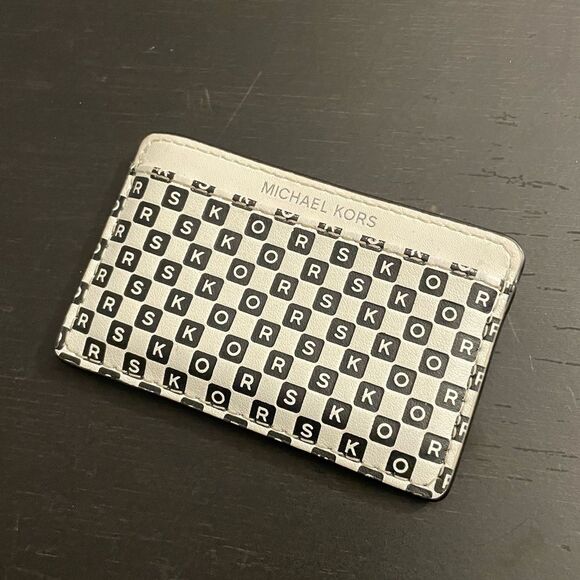 Michael Kors Black and White Checker Monogram Card Case Silver Logo Wallet - Picture 1 of 5